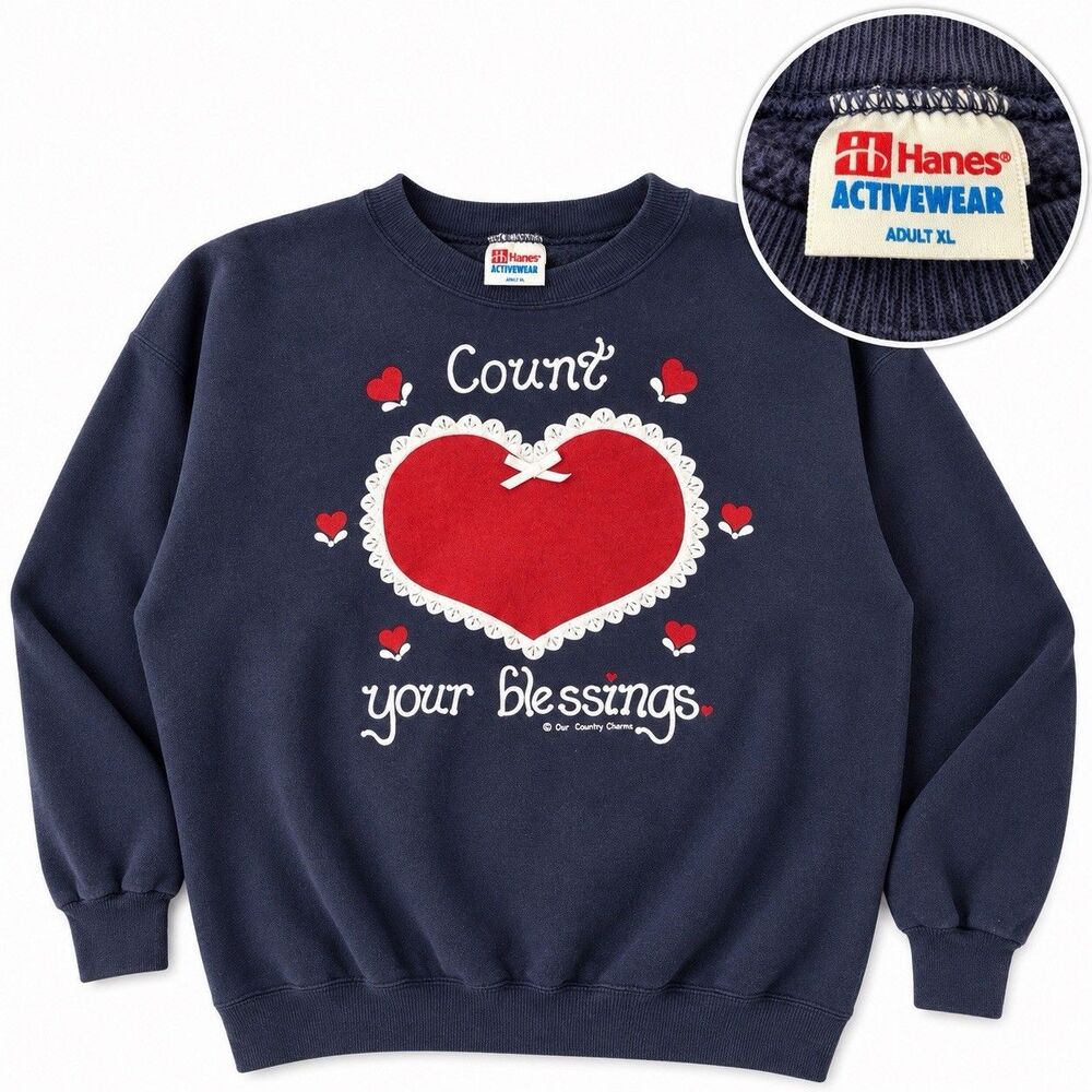 Vintage Hanes Count Your Blessings Sweatshirt XL Heart Grannycore 90s USA Fabric
